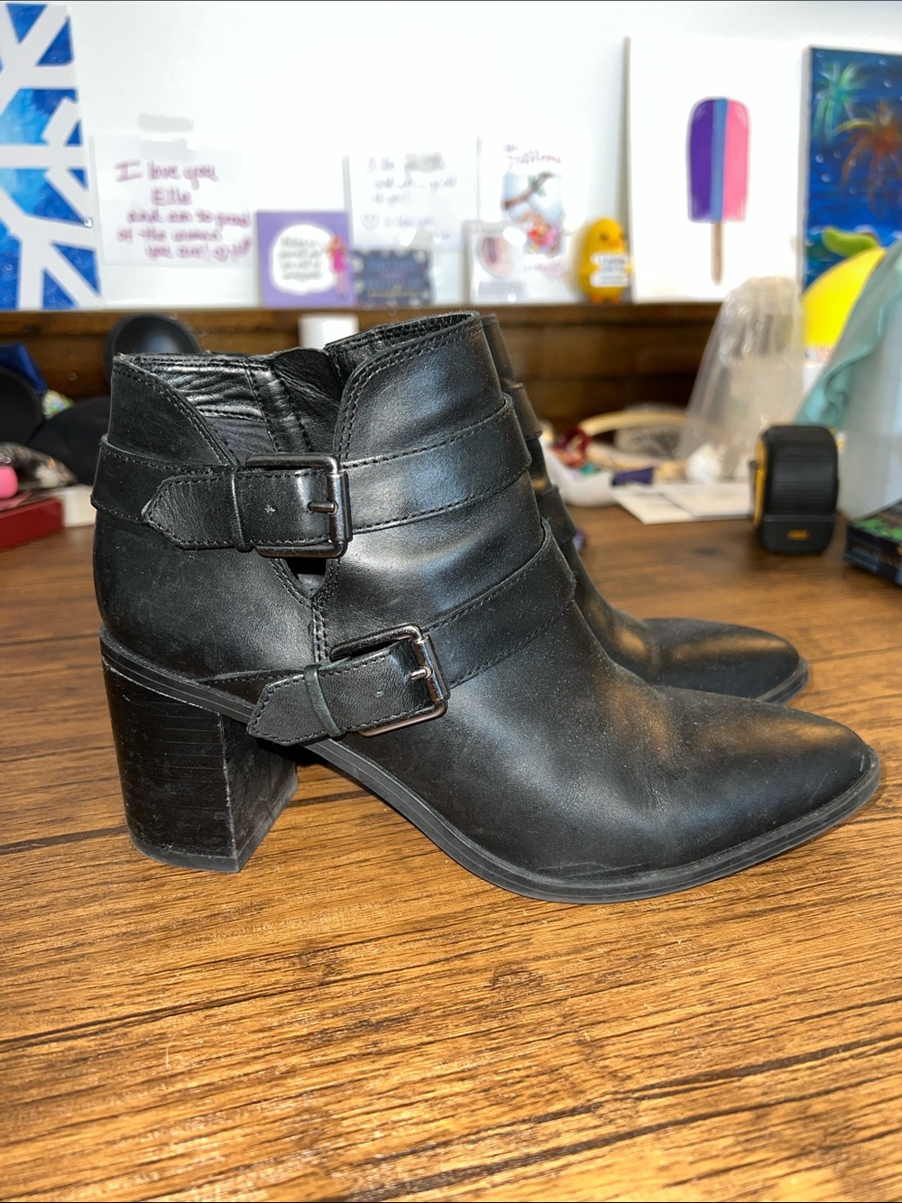 Franco Sarto Buck Black Leather Ankle Booties with Double Buckles- 7